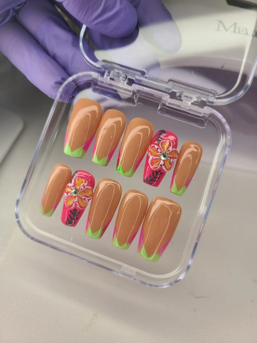 Size (S) Nude Base Press-On Nails with Pink & Lime Floral Accents
